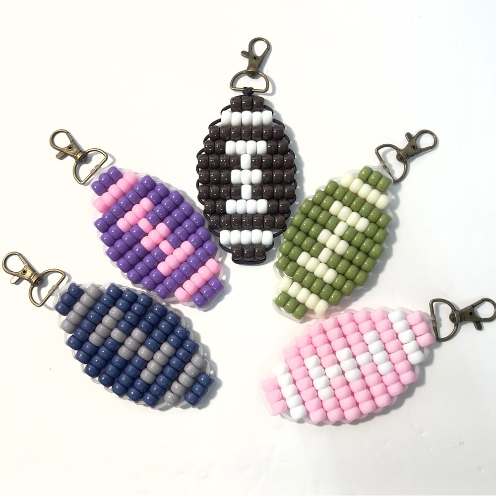 Handmade Football Pony Bead Keychain | 4″ Beaded Kandi Bag Charm